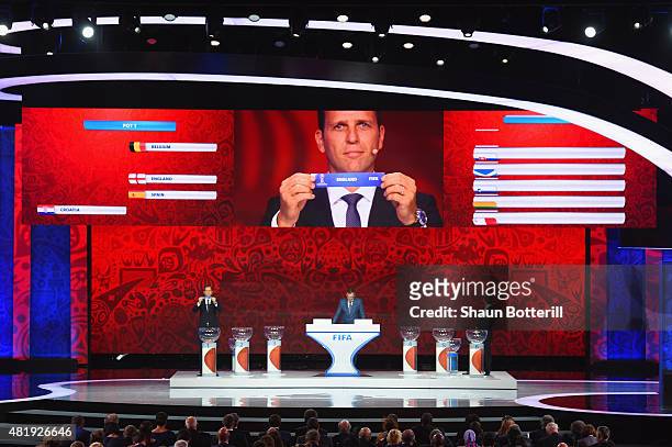 Draw assistant Oliver Bierhoff holds up the name England during the European Zone draw at the Preliminary Draw of the 2018 FIFA World Cup in Russia...