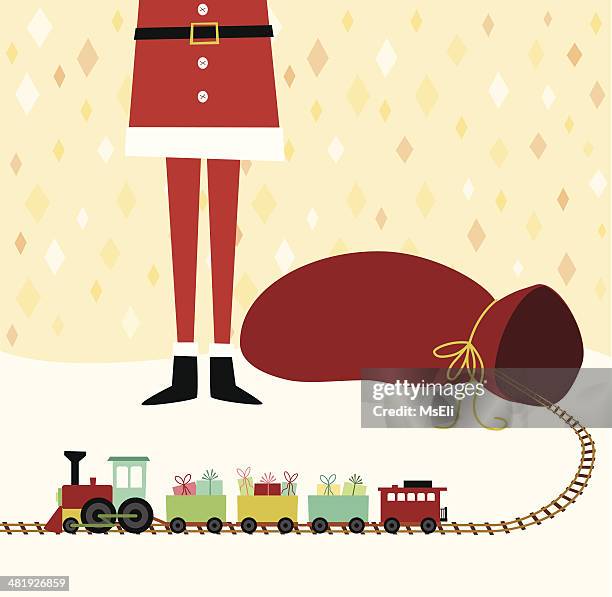 weihnachtsmann mit geschenk sack und spielzeug-eisenbahn - miniature train stock-grafiken, -clipart, -cartoons und -symbole