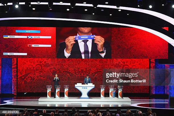 Draw assistant Oliver Bierhoff holds up the name Scotland during the European Zone draw at the Preliminary Draw of the 2018 FIFA World Cup in Russia...