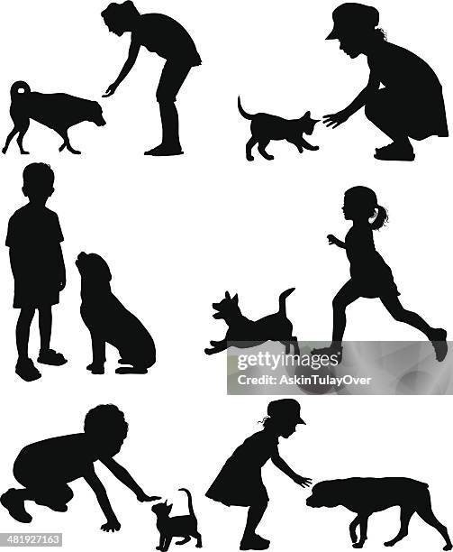 ilustraciones, imágenes clip art, dibujos animados e iconos de stock de los niños y los animales - dog silhouette