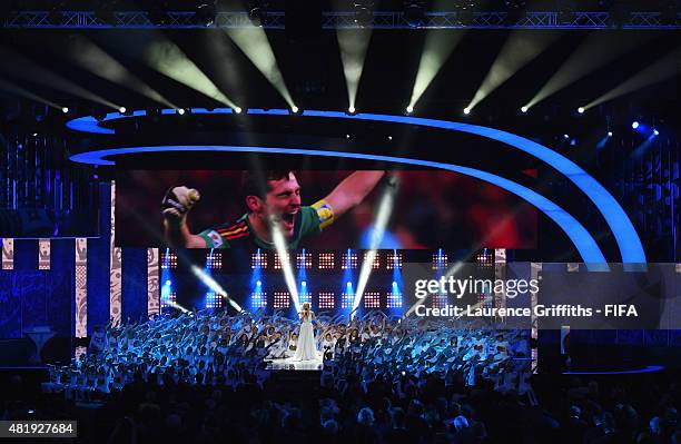 Singer Polina Gagarina performs at the Preliminary Draw of the 2018 FIFA World Cup in Russia at The Konstantin Palace on July 25, 2015 in Saint...