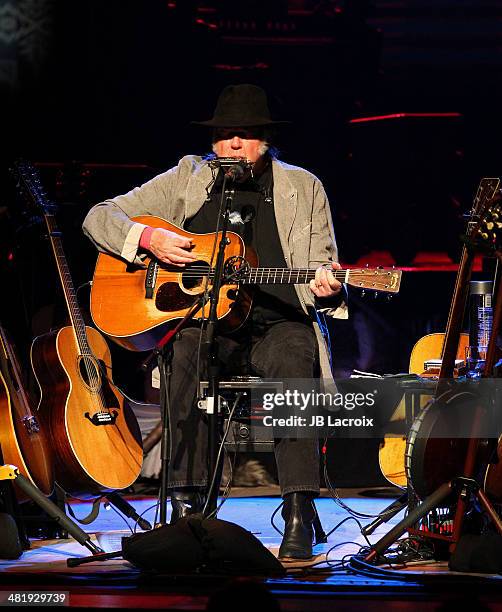 Neil Young performs at the Dolby Theater on April 1, 2014 in Hollywood, California.