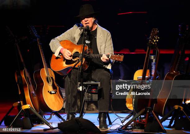 Neil Young performs at the Dolby Theater on April 1, 2014 in Hollywood, California.