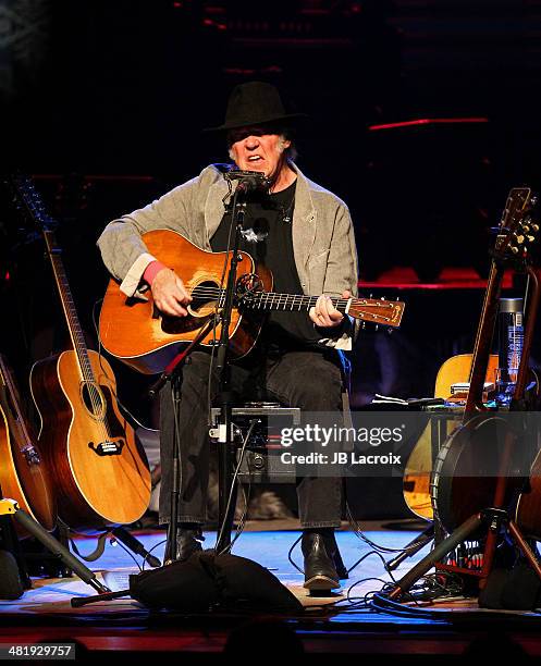 Neil Young performs at the Dolby Theater on April 1, 2014 in Hollywood, California.