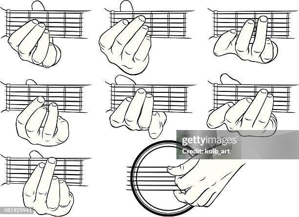 guitar chords, a-g, and a strumming hand - string around finger vector stock illustrations