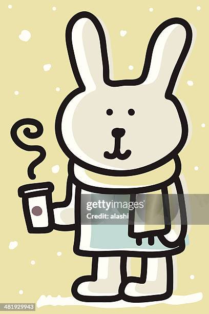 cute bunny holding a coffee cup in winter - anime characters stock illustrations