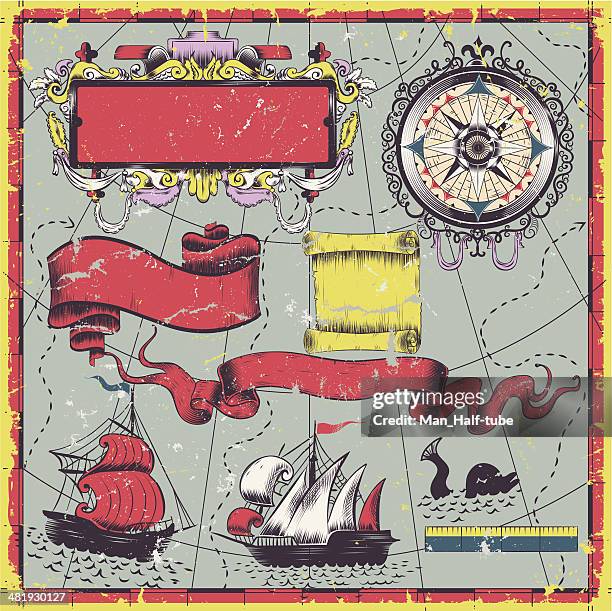 stockillustraties, clipart, cartoons en iconen met old map elements - pirate boat