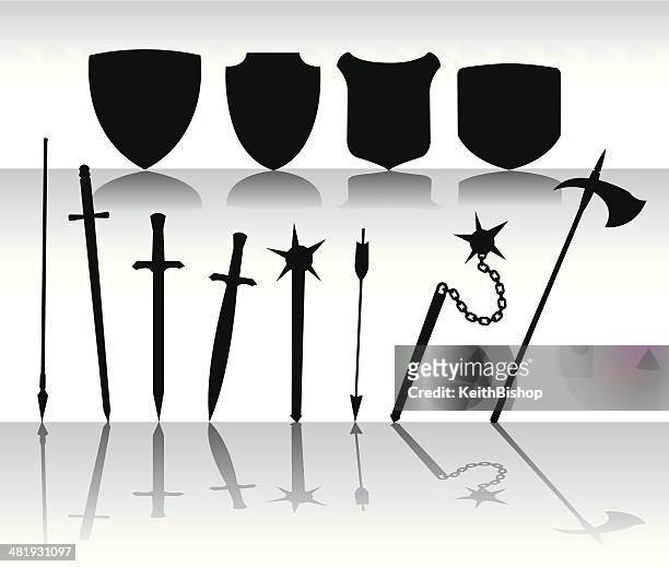 shields and swords - medieval weapondary - mace weapon stock illustrations