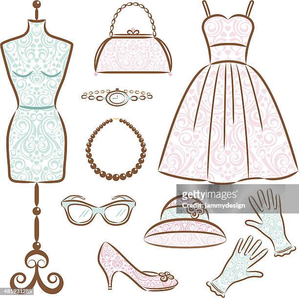 vintage women's clothes set - pearl jewellery stock illustrations