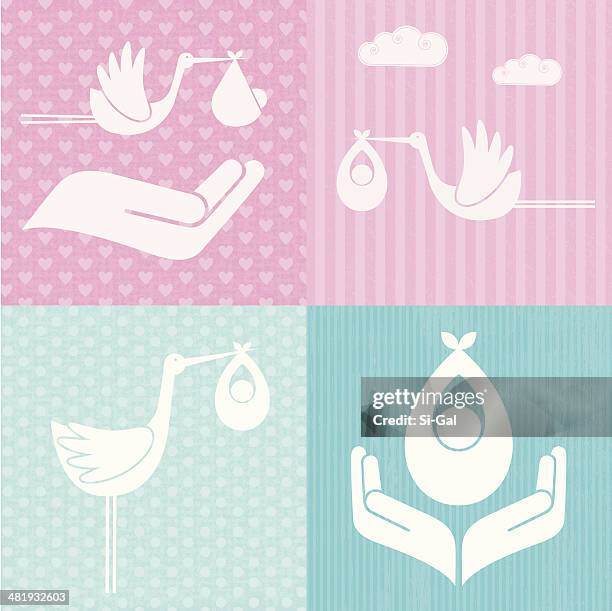 baby and stork icons (family life series) - stork stock illustrations