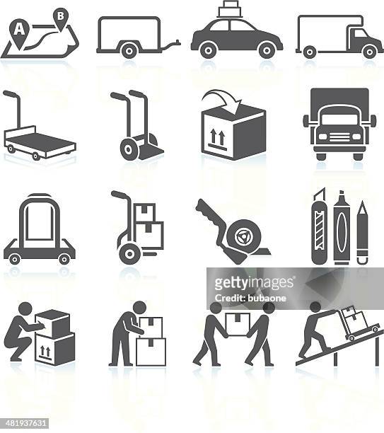 moving and movers service schwarz & weiß vektor icon-set - moving office stock-grafiken, -clipart, -cartoons und -symbole