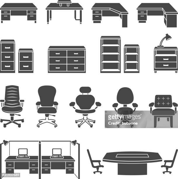 büromöbel schwarz & weiß lizenzfreie vektor icon-set - großraumbüro stock-grafiken, -clipart, -cartoons und -symbole
