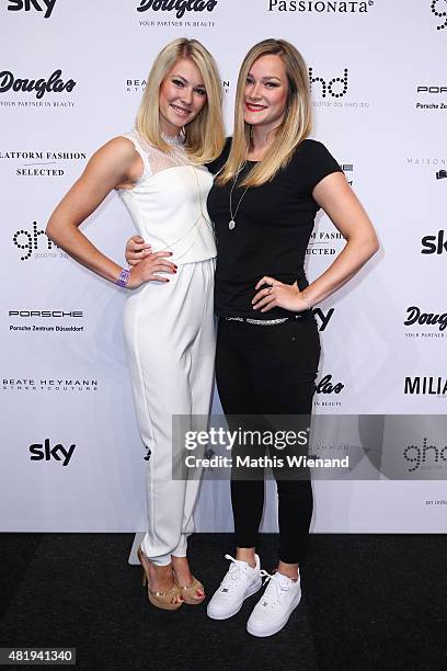 Amelie Klever and Maren Klever arrive for the Platform Fashion Selected show during Platform Fashion July 2015 at Areal Boehler on July 25, 2015 in...