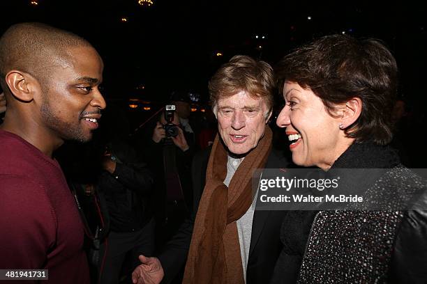 Dule Hill and Robert Redford with wife Sibylle Szaggars backstage after seeing the Broadway musical "After Midnight" at The Brooks Atkinson Theatre...