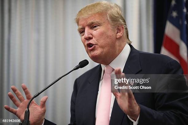 Republican presidential hopeful businessman Donald Trump speaks to the press following a rally on July 25, 2015 in Oskaloosa, Iowa. During his last...