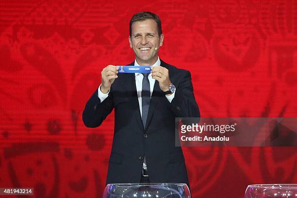 Germany`s national team manager Oliver Bierhoff shows name of Germany during the preliminary draw for the 2018 World Cup qualifiers at the Konstantin...