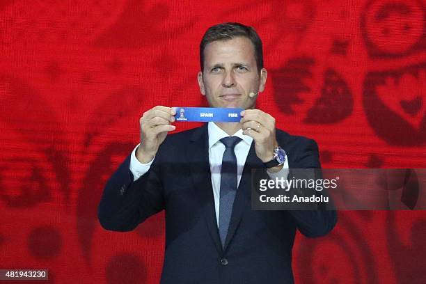 Germany`s national team manager Oliver Bierhoff shows name of Spain during the preliminary draw for the 2018 World Cup qualifiers at the Konstantin...