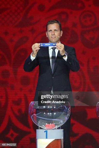 Germany`s national team manager Oliver Bierhoff shows name of England during the preliminary draw for the 2018 World Cup qualifiers at the Konstantin...