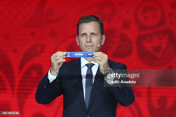 Germany`s national team manager Oliver Bierhoff shows name of Belgium during the preliminary draw for the 2018 World Cup qualifiers at the Konstantin...