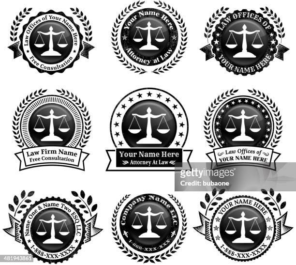 law attorney black & white vector icon badge set - insignia stock illustrations