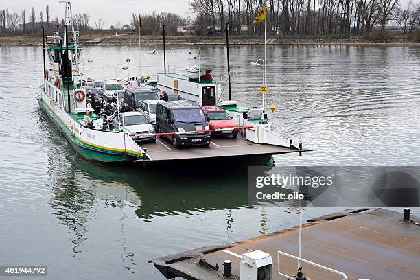 ferry across river rhine at nierstein, rhineland-palatinate - nierstein stock pictures, royalty-free photos & images