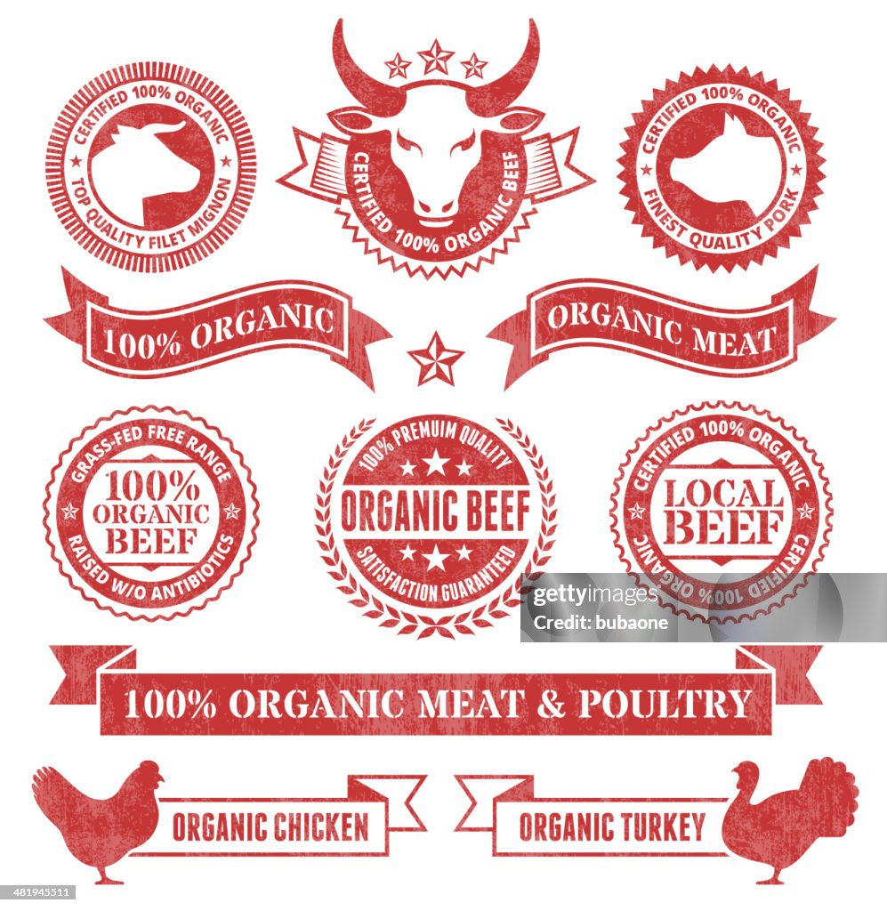 Organic Meat and Poultry Grunge royalty free vector icon set