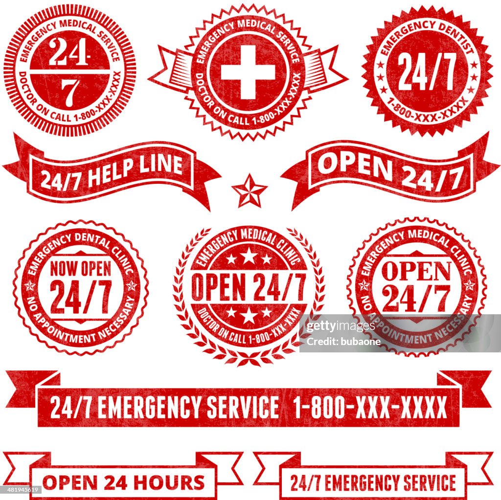 All Day 24 7 Emergency Support Badges Grunge Set