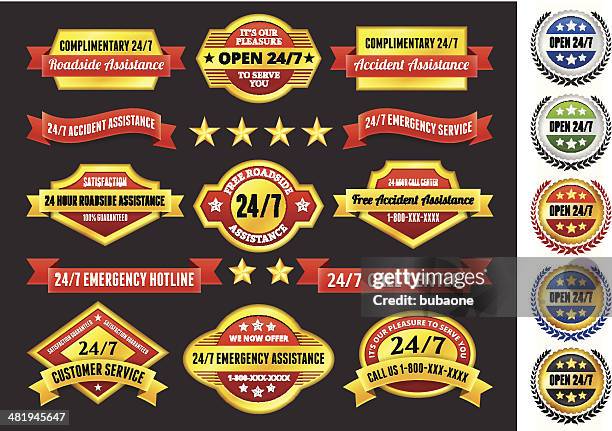 customer assistance 24/7 call center badges red and gold set - telephone number stock illustrations