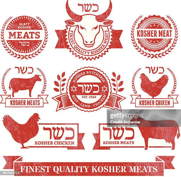 organic kosher meat and poultry grunge vector icon set - kosher symbol stock illustrations