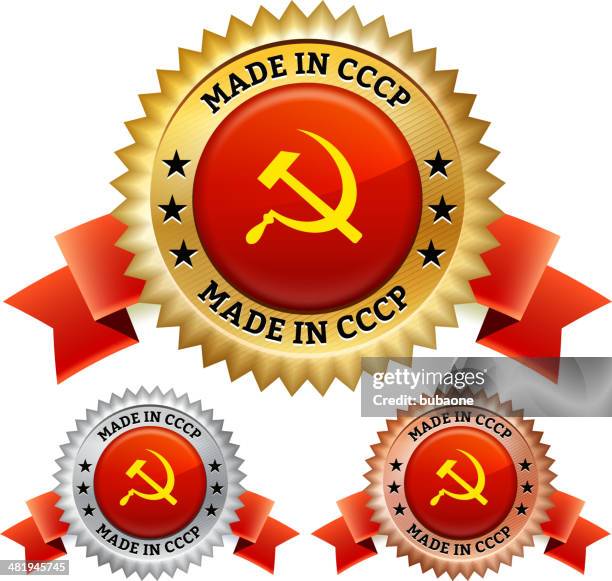 made in soviet union cccp badge vector icon set - hammer-and-sickle stock illustrations