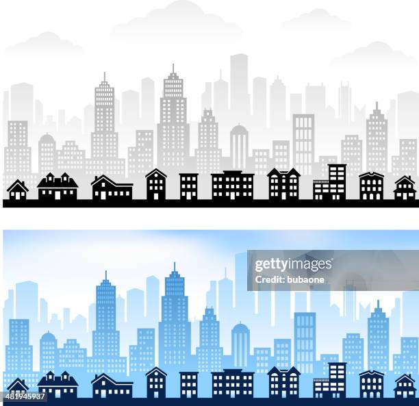 suburban community with city skyline panoramic royalty free vector graphic - town silhouette stock illustrations