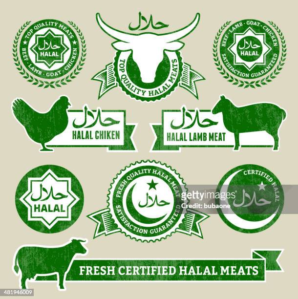 halal organic meat and poultry grunge vector icon set - halal stock illustrations
