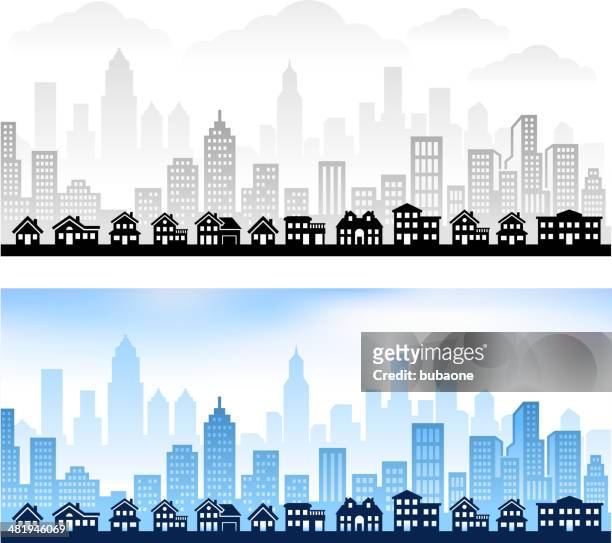 suburban community with city skyline panoramic royalty free vector graphic - 住宅區 幅插畫檔、美工圖案、卡通及圖標