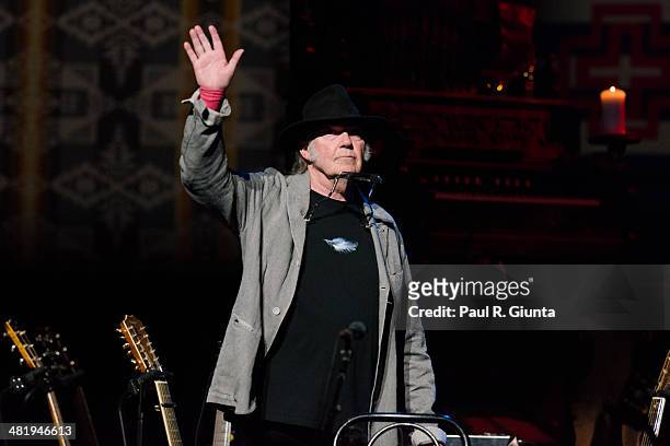 Singer/songwriter Neil Young performs onstage at Dolby Theatre on April 1, 2014 in Hollywood, California.