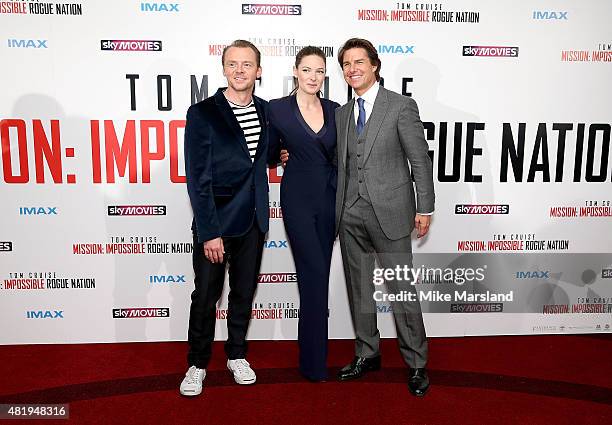 Simon Pegg, Rebecca Ferguson and Tom Cruise attend the UK Fan Screening of 'Mission: Impossible - Rogue Nation' at the IMAX Waterloo on July 25, 2015...