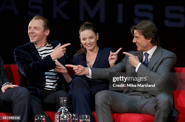 Simon Pegg, Rebecca Ferguson and Tom Cruise take part in a Q&A at the UK Fan Screening of 'Mission: Impossible - Rogue Nation' at the IMAX Waterloo...