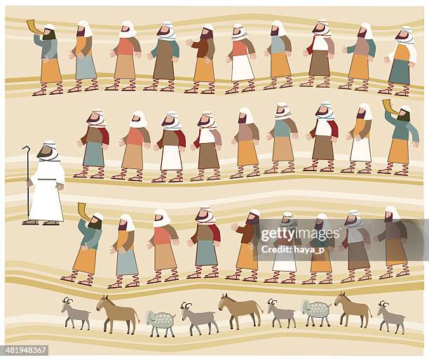 jews walking in the desert, passover illustration - matzah stock illustrations