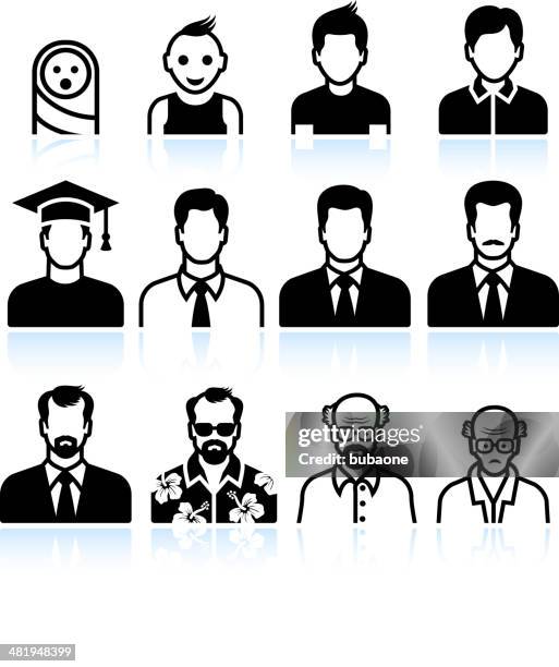 ilustraciones, imágenes clip art, dibujos animados e iconos de stock de hombre cuerpo el proceso de añejamiento negro & conjunto de iconos de vector blanco - con barba y gafas