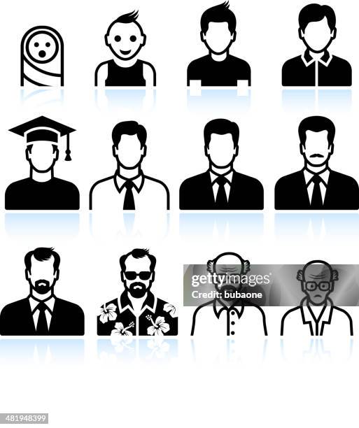 ilustraciones, imágenes clip art, dibujos animados e iconos de stock de hombre cuerpo el proceso de añejamiento negro & conjunto de iconos de vector blanco - adolescencia
