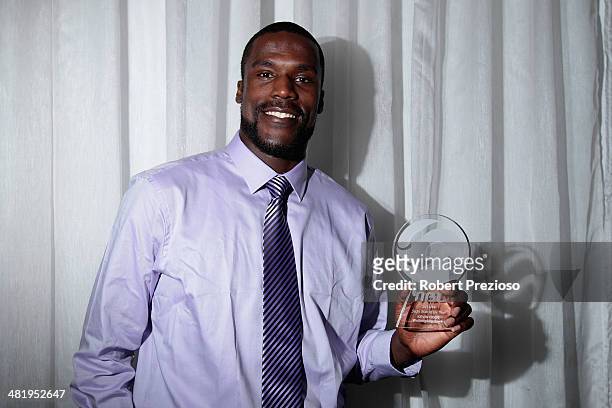 Kevin Tiggs of the Wollongong Hawks poses after being announced best sixth man during the NBL MVP Awards Night at Sketch at Docklands on April 2,...