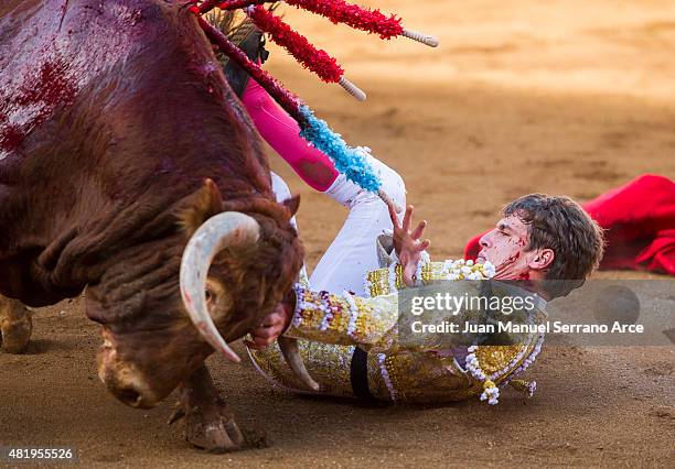 Spanish bullfighter Fernando Rey performs during a bullfighting as part of the Feria Santiago in a bullfight on July 25, 2015 in Santander, Spain.