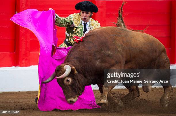 Spanish bullfighter Morante de la Puebla performs during a bullfighting as part of the Feria Santiago in a bullfight on July 25, 2015 in Santander,...