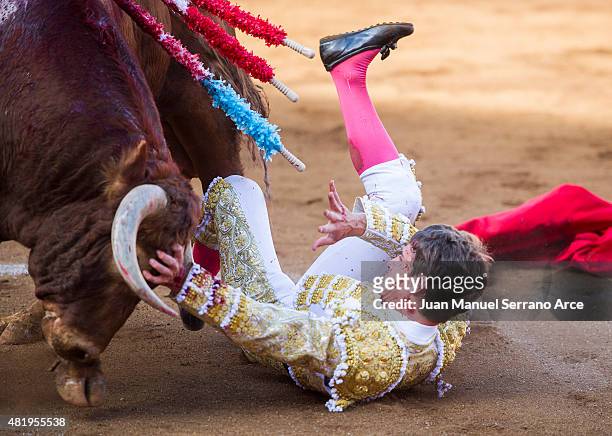 Spanish bullfighter Fernando Rey performs during a bullfighting as part of the Feria Santiago in a bullfight on July 25, 2015 in Santander, Spain.