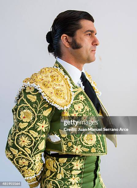 Spanish bullfighter Morante de la Puebla looks on before a bullfight as part of the Feria Santiago in a bullfight on July 25, 2015 in Santander,...