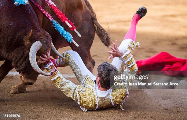 Spanish bullfighter Fernando Rey performs during a bullfighting as part of the Feria Santiago in a bullfight on July 25, 2015 in Santander, Spain.