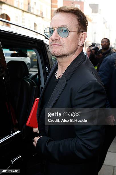 Bono sighted leaving Claridges on April 2, 2014 in London, England.