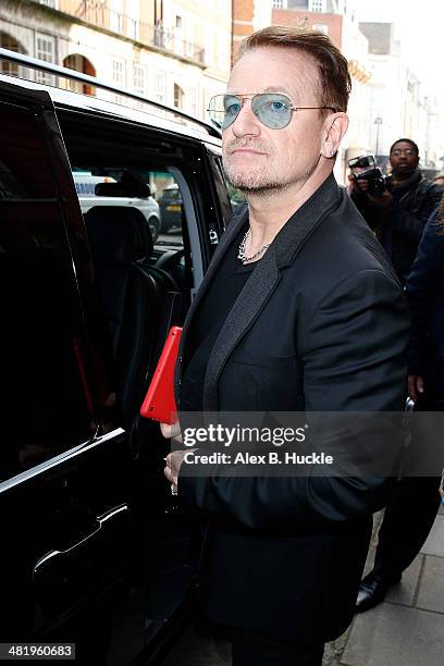 Bono sighted leaving Claridges on April 2, 2014 in London, England.