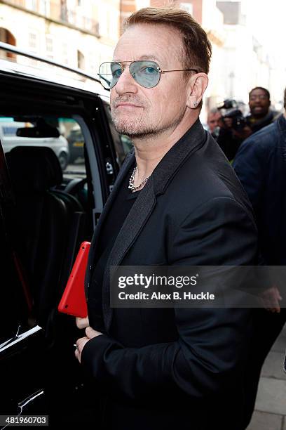 Bono sighted leaving Claridges on April 2, 2014 in London, England.