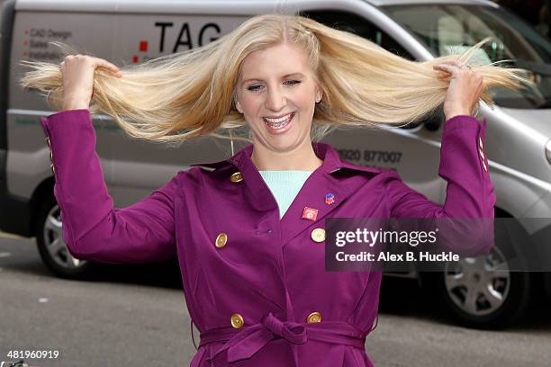 Rebecca Adlington sighted arriving at Claridges for a Hugh Jackman interview on April 2, 2014 in London, England.