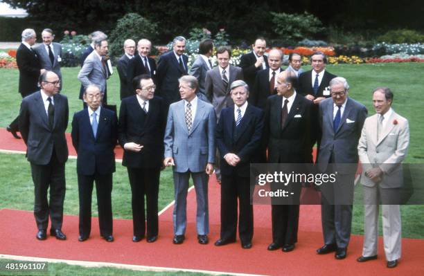 Eight Heads of State and their Foreign Ministers and Ministers of Economics pose on July 16, 1978 in Bonn during the G-8 Economic Summit Meeting....